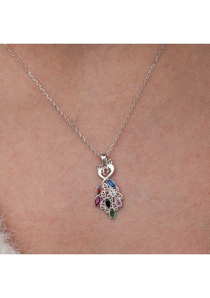 Gümüş Renkli Taşlı Tavus Kuşu Kadın Kolye modelleri