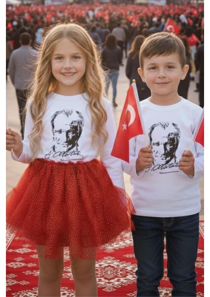 Unisex Atatürk Baskılı Uzun Kollu Beyaz Tişört , 29 Ekim Cumhuriyet Bayramı