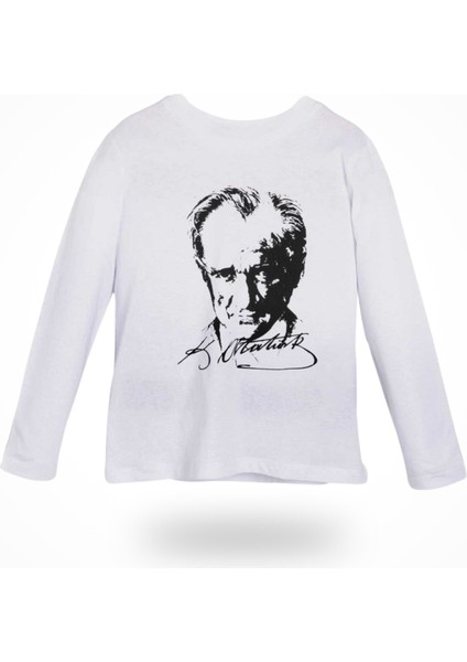 Unisex Atatürk Baskılı Uzun Kollu Beyaz Tişört , 29 Ekim Cumhuriyet Bayramı indirimleri