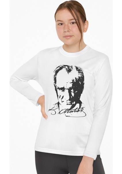 Unisex Atatürk Baskılı Uzun Kollu Beyaz Tişört , 29 Ekim Cumhuriyet Bayramı