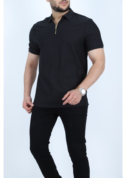 Polo Yakalı Fermuarlı Kısa Kollu Erkek Jakarlı Tişört