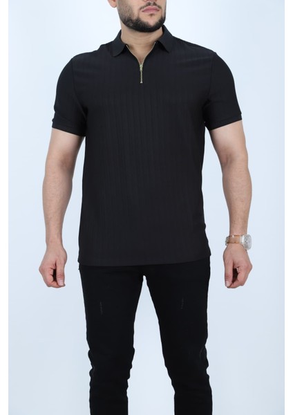 Polo Yakalı Fermuarlı Kısa Kollu Erkek Jakarlı Tişört fiyatları