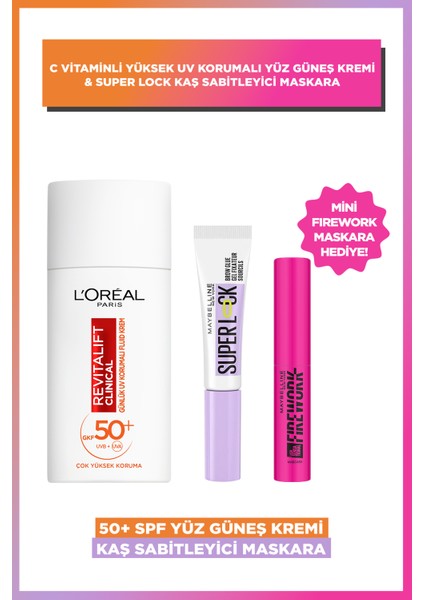 C Vitaminli Yüksek Uv Korumalı Yüz Güneş Kremi & & Super Lock Kaş Sabitleyici & Firework Mini Maskara