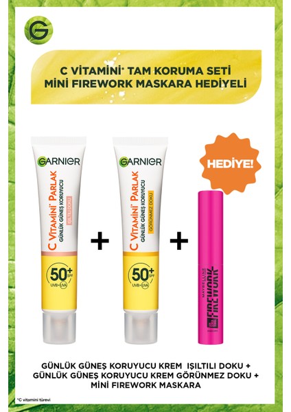 C Vitamini Koruma Seti 50+ Spf Görünmez Doku ve Işıltılı Doku Yüz Güneş Kremi & Firework Mini Maskara