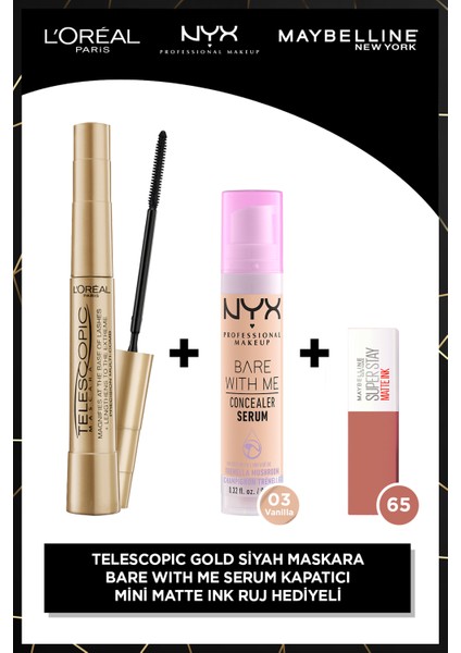 Telescopic Gold Maskara - Siyah + Bare With Me 03 + Ss Matte Ink 65 Mini