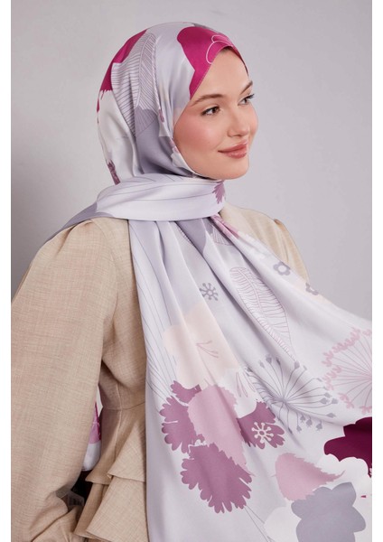 Gri Çiçek Desen Twill Şal