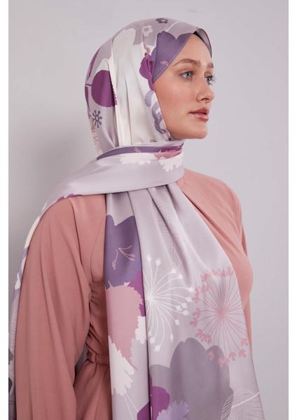 Mor Çiçek Desen Twill Şal