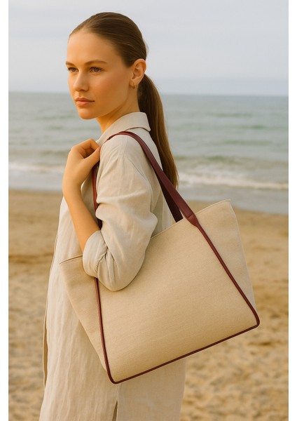 Kadın Omuz Çantası – Keten Kumaş Deri Detaylı Lüks Çanta