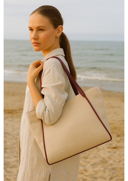 Kadın Omuz Çantası – Keten Kumaş Deri Detaylı Lüks Çanta fiyatları