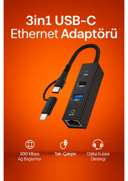 3in1 Usb-C ve Usb-A Ethernet Adaptörü | 100MBPS Ağ Bağlantı Hızı, 3 Portlu Alüminyum Hub, Wlan Ağ Genişletici, USB Flash Bellek, Fare, Klavye ve Kulaklık Desteği | LC-31L fiyatları