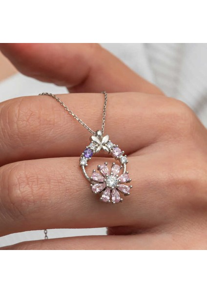 Gümüş Pembe Dönen Çiçek Kadın Kolye