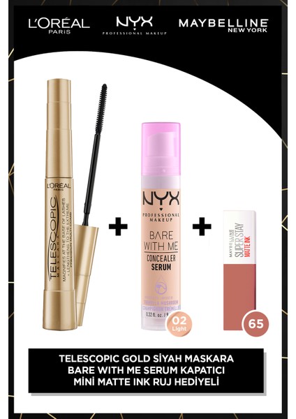 Telescopic Gold Maskara - Siyah + Bare With Me 02 + Ss Matte Ink 65 Mini