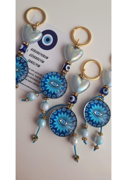 Lüks Hediyelik Kalp Detaylı Nazar Boncuklu Göz Anahtarlık 11 cm fiyatları