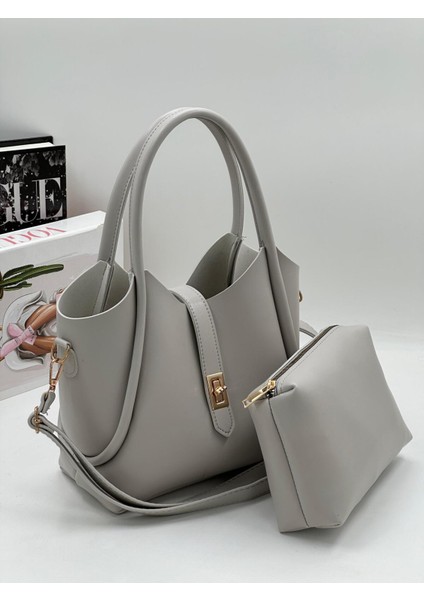 Demir Toka Kemerli Çift Askılı Makyaj Çantalı Zarif Suni Deri Kadın El ve Omuz Çantası