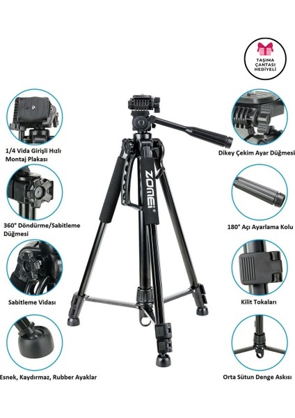 ZM-1200 Kamera ve Telefon TRIPODU-360° Dönebilen Telefon Tutucu ve Çanta Hediyeli