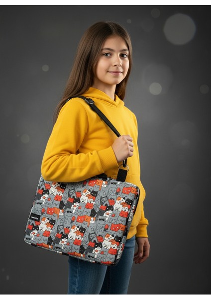 Omuz Askılı, Kedi Desenli iPad Pro 6.nesil 12.9”/ 7.nesil 13”/ Air M2 ile Uyumlu 13” , Çok Bölmeli, Suya Karşı Dayanıklı Tablet Çantası - Catlantis