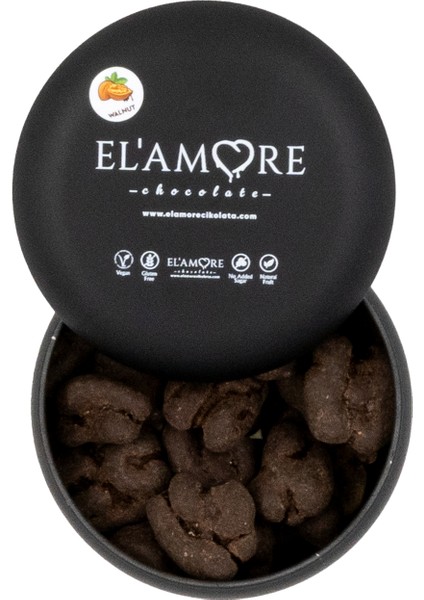 Şeker Ilavesiz, Glütensiz, Vegan Cevizli Bitter Çikolata - Siyah Yuvarlak Metal Kutu, 150 gr