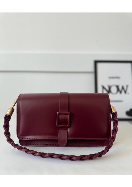 Kadın Bordo Örgü Saplı Model Premium Kalite El Çantası ve Çapraz Askılı Omuz Çantası