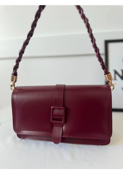 Kadın Bordo Örgü Saplı Model Premium Kalite El Çantası ve Çapraz Askılı Omuz Çantası