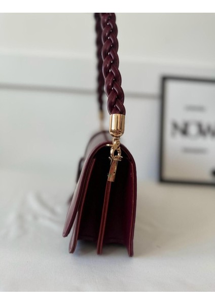 Kadın Bordo Örgü Saplı Model Premium Kalite El Çantası ve Çapraz Askılı Omuz Çantası