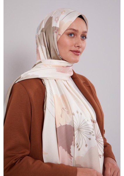Krem Çiçek Desen Twill Şal