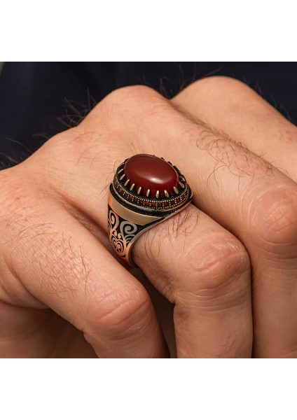 Gümüş Kırmızı Akik Taşlı Desenli Erkek Yüzük fiyatları