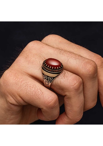 Gümüş Kırmızı Akik Taşlı Desenli Erkek Yüzük modelleri