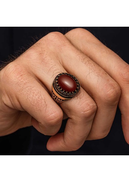 Gümüş Kırmızı Akik Taşlı Desenli Erkek Yüzük fırsatları