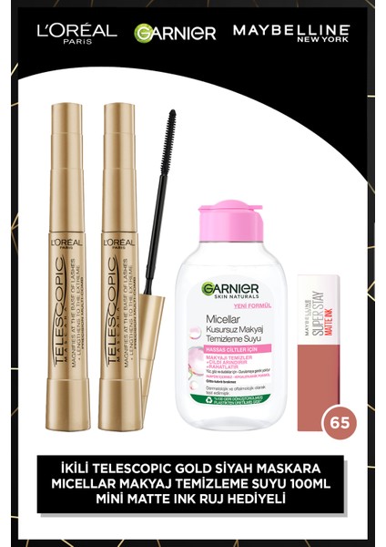 Telescopic Siyah Maskara 2'li Set L'oreal Paris + 100 ml Micellar + Ss Matte Ink Seductress 65