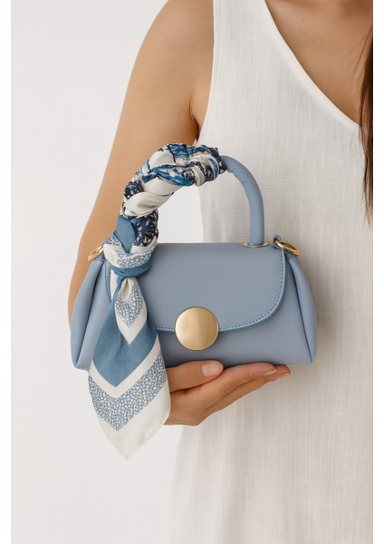 Fular Hediyeli Çapraz Askılı Mavi Mini El ve Omuz Kadın Çantası