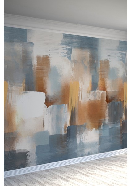 Mavi Bej Fırça Darbeli Modern Sanat Tekstil Duvar Kağıdı