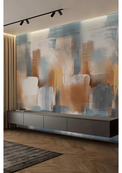 Mavi Bej Fırça Darbeli Modern Sanat Tekstil Duvar Kağıdı fiyatları