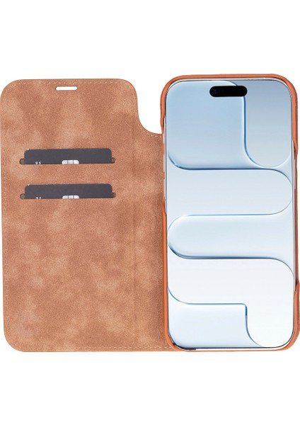 Apple iPhone 17 Air Için, Hakiki Deri, El Yapımı, Cüzdanlı Slim Kılıf, Mag Safe ile Uyumlu, Iç Yüzeyi Kadife, Gölgeli Taba