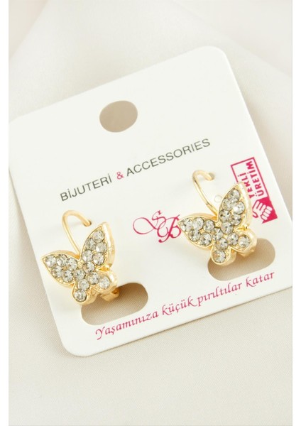 Zengezur Kelebek Taşlı Klipsi Küpe-Gümüş Rengi