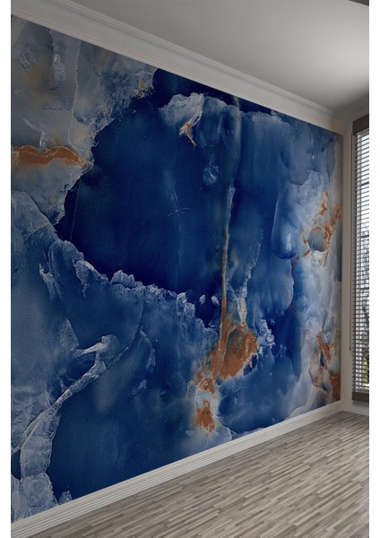 Gece Mavisi Bakır Dokulu Oniks Efektli Mermer Duvar Kağıdı