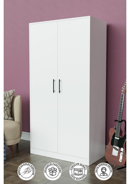 Calista Gardırop 5 Raflı 2 Kapaklı Askılı Elbise Dolabı (Beyaz)
