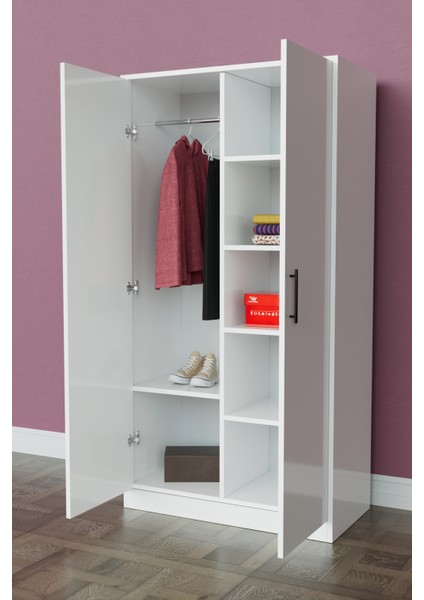Calista Gardırop 5 Raflı 2 Kapaklı Askılı Elbise Dolabı (Beyaz) modelleri