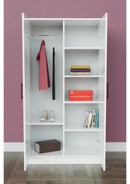 Calista Gardırop 5 Raflı 2 Kapaklı Askılı Elbise Dolabı (Beyaz) fırsatları