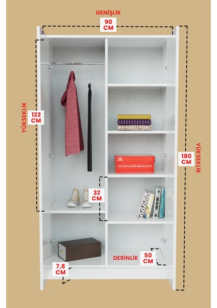Calista Gardırop 5 Raflı 2 Kapaklı Askılı Elbise Dolabı (Beyaz) indirimleri