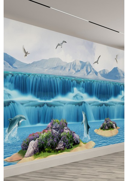 3D Şelale ve Yunus Desenli Tekstil Duvar Kağıdı