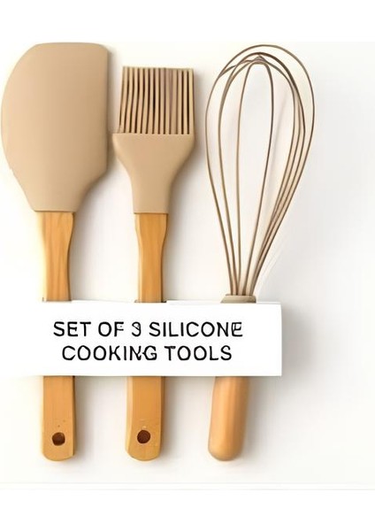 Dayanıklı Bambu Saplı 3'lü Silikon Mutfak Seti ( Fırça-Spatula-Çırpıcı)