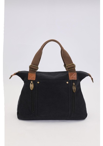 Siyah Çift Fermuarlı Kumaş Askılı El Çantası