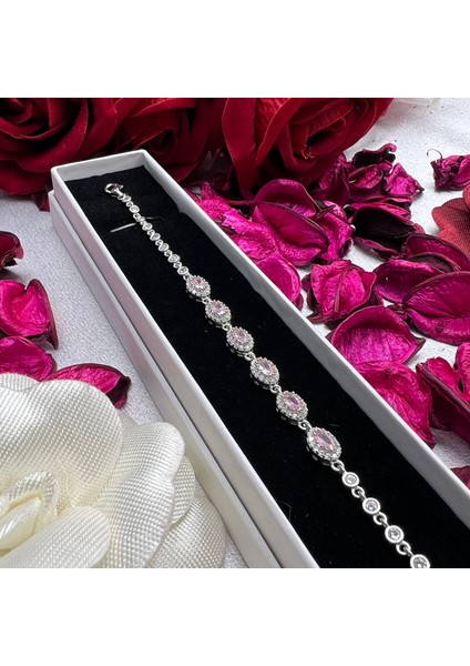 Oval Pembe Taşlı Kadın Bileklik 925 Ayar Gümüş Zirkon Taşlı