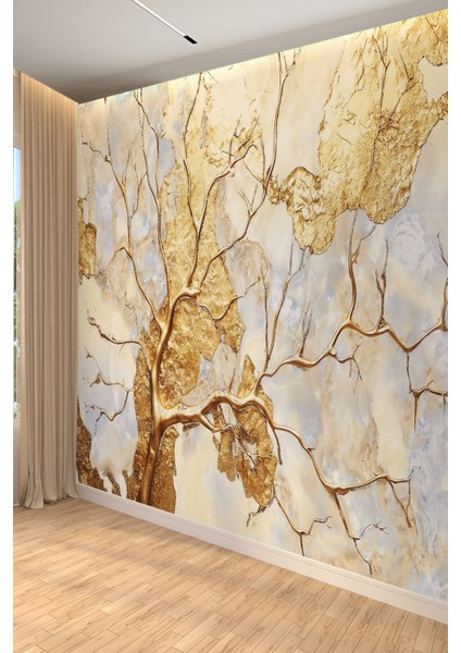 Altın Dallı Soyut Mermer Desenli Tekstil Duvar Kağıdı