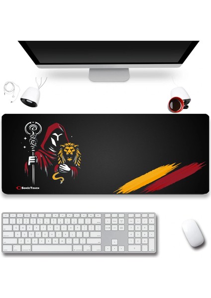 Sonictouch Aslan Muhafızı Sarı Kırmızı Dikişsiz Pürüzsüz Sıvı Geçirmez Xxl Gamer Klavye Mousepad 40X90CM