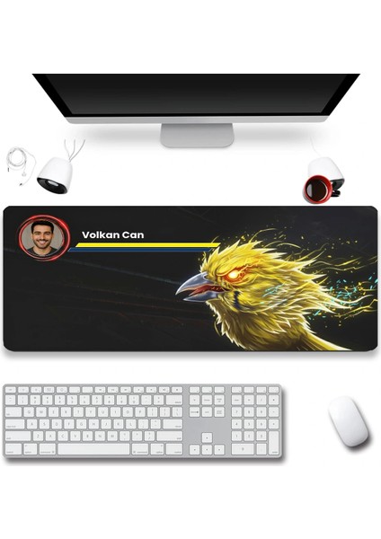 Sonictouch Kişiye Isme Özel Kanarya Figürlü Sarı Lacivert Fotoğraflı Xxl Dikişsiz Gamer Klavye Mousepad 40X90CM