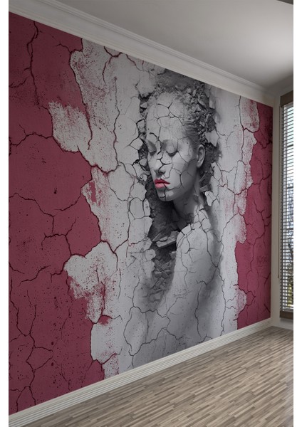 Toprağın Sessizliği Çatlaklardan Doğan Heykel Yüz Gri Pembetek Parça Duvar Kağıdı