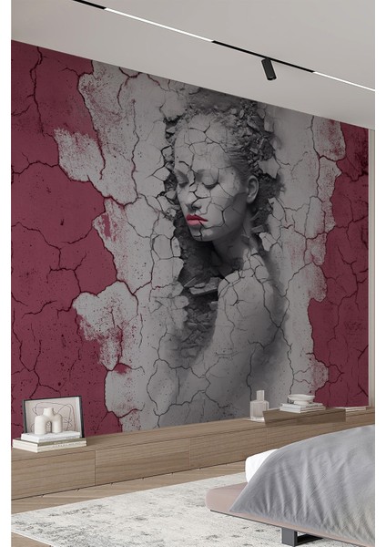 Toprağın Sessizliği Çatlaklardan Doğan Heykel Yüz Gri Pembetek Parça Duvar Kağıdı fiyatları