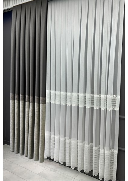 Pano Fon Perde Ekose Şeritli Antrasit Gri 1 / 3 Sık Pileli (Tek Kanat) Fon, Perde, Tül, fiyatları