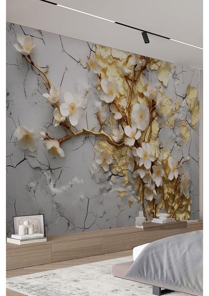 3D Altın Dallı ve Beyaz Çiçekli Çatlak Taş Efektli Tekstil Duvar Kağıdı fiyatları